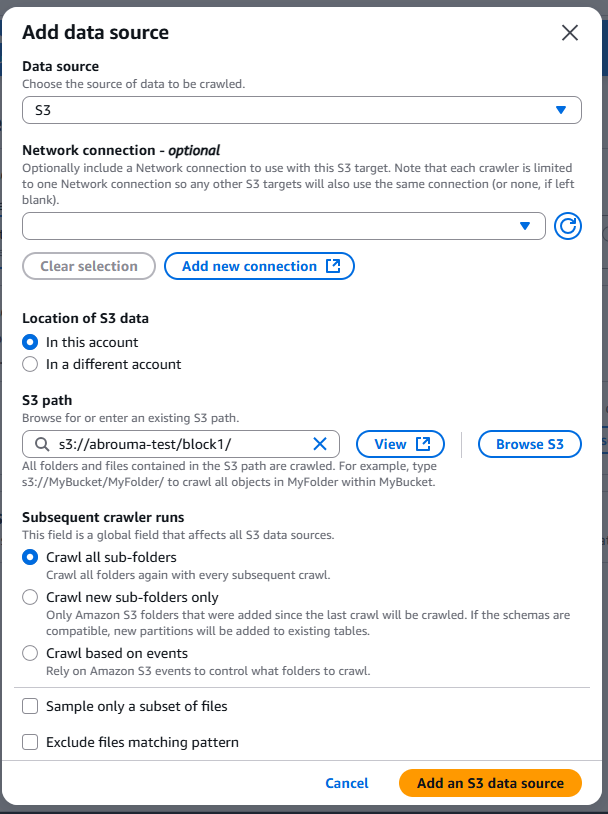 Glue crawler settings