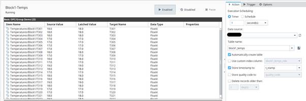 Transaction group config showing OPC tags and DB mapping