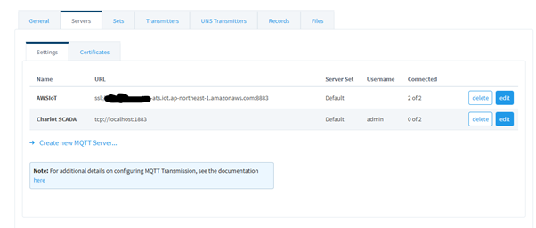 The MQTT server configuration with broker endpoint.