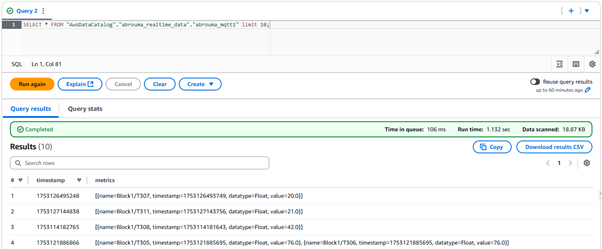 Athena query editor showing real-time result